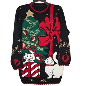 VTG Ugly Knit Christmas Sweater Large‎ Cats Kittens Tree Presents Bow Kitsch